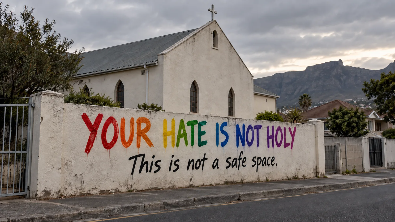 Rainbow graffiti reading Your Hate Is Not Holy, This is not a safe space, on a church wall in Cape Town